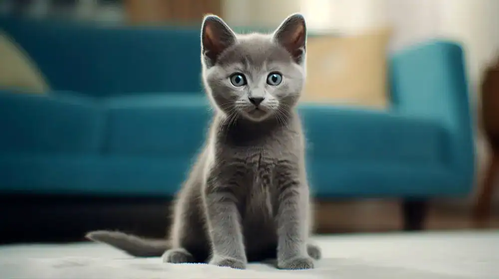 Gri bir yavru kedi, mavi gözleriyle oturma odasında duruyor. Arka planda mavi bir kanepe var.